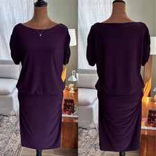 LAUREN Ralph Lauren Purple Jersey Blouson Dress Boat Neck Ruched Sheath Size 6