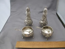 TWO Early KIRK REPOUSSE Sterling OPEN SALT & PEPPER SHAKER SETS-925/1000