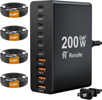 USB C Charging Station 10 Port with 4 Cables,200W Gan Type C Charger Block,Wall