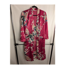      Satin Kimono Robe XL Pink Floral Lightweight 3/4 Sleeve Belted Tie