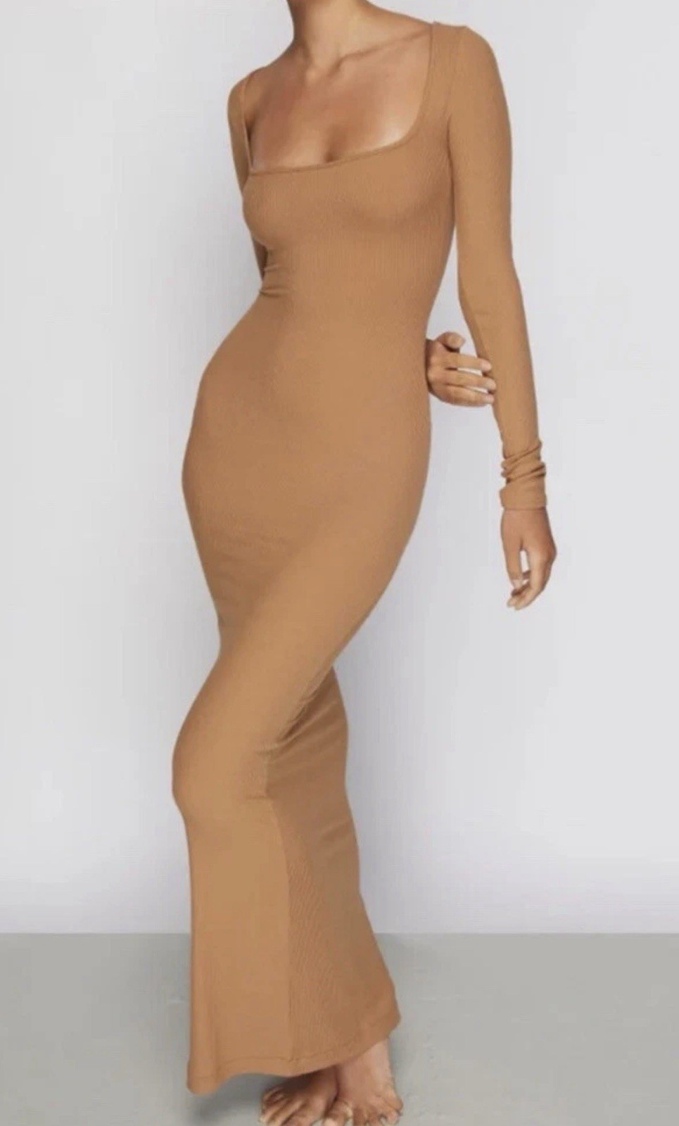 Skims Soft Lounge Dress Womens Sz L Camel Long Sleeve Scoop Neck Ribbed Maxi