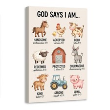 God Says I Am Kids Bible Verse Wall Art Canvas Poster Farm Animals Decor