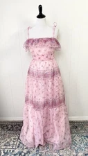 Lorrie Deb San Francisco Vintage 70s Pink Floral Ruffle Formal Maxi Dress Sz  XS