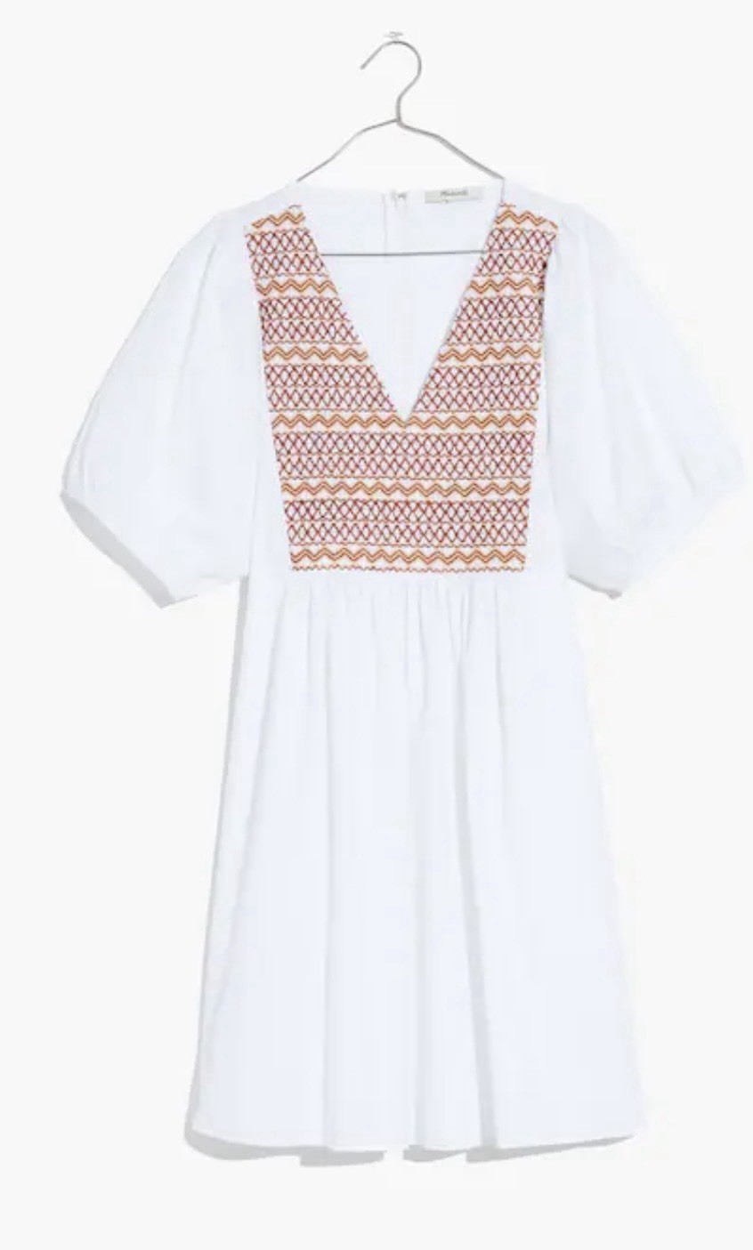 Madewell Embroidered White Poplin Puff Sleeve V-Neck Mini Dress Size Small