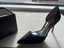 BADGLEY MISCHKA JEWEL BLACK RHINESTONE STRAPPY HEELS SHOES SIZE 6