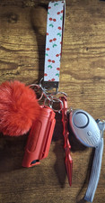 Cherry Print Wristlet Key Chain w/ Key Ring Pom Pom safety