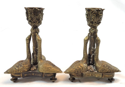 Vintage Solid Brass Lot Of Two Swan Candle Holders 6 