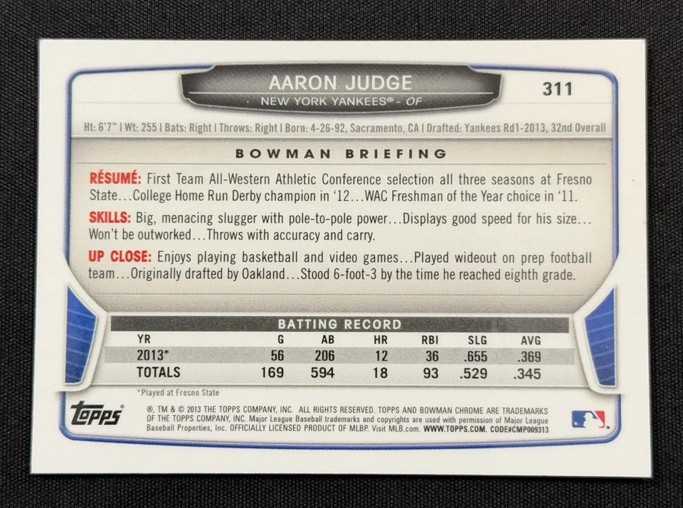 2013 Bowman Chrome Mini Aaron Judge #311 (RC) Yankees - Image 2 of 2