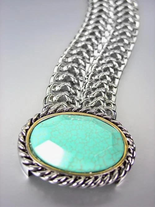 CHUNKY Designer Turquoise Silver Cable Medallion Chain Magnetic Clasp Bracelet - Image 3 of 3
