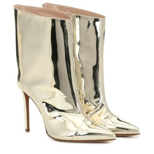 Señoras Oro Espejo Brillante Metalizado Botas al Tobillo Tacón Alto Puntera  en Punta Zapatos 34-45 | eBay