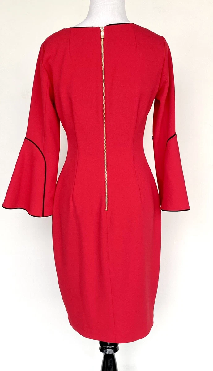 Calvin Klein Red Crepe Bell Sleeves Dress Size 2 Retail 99.50