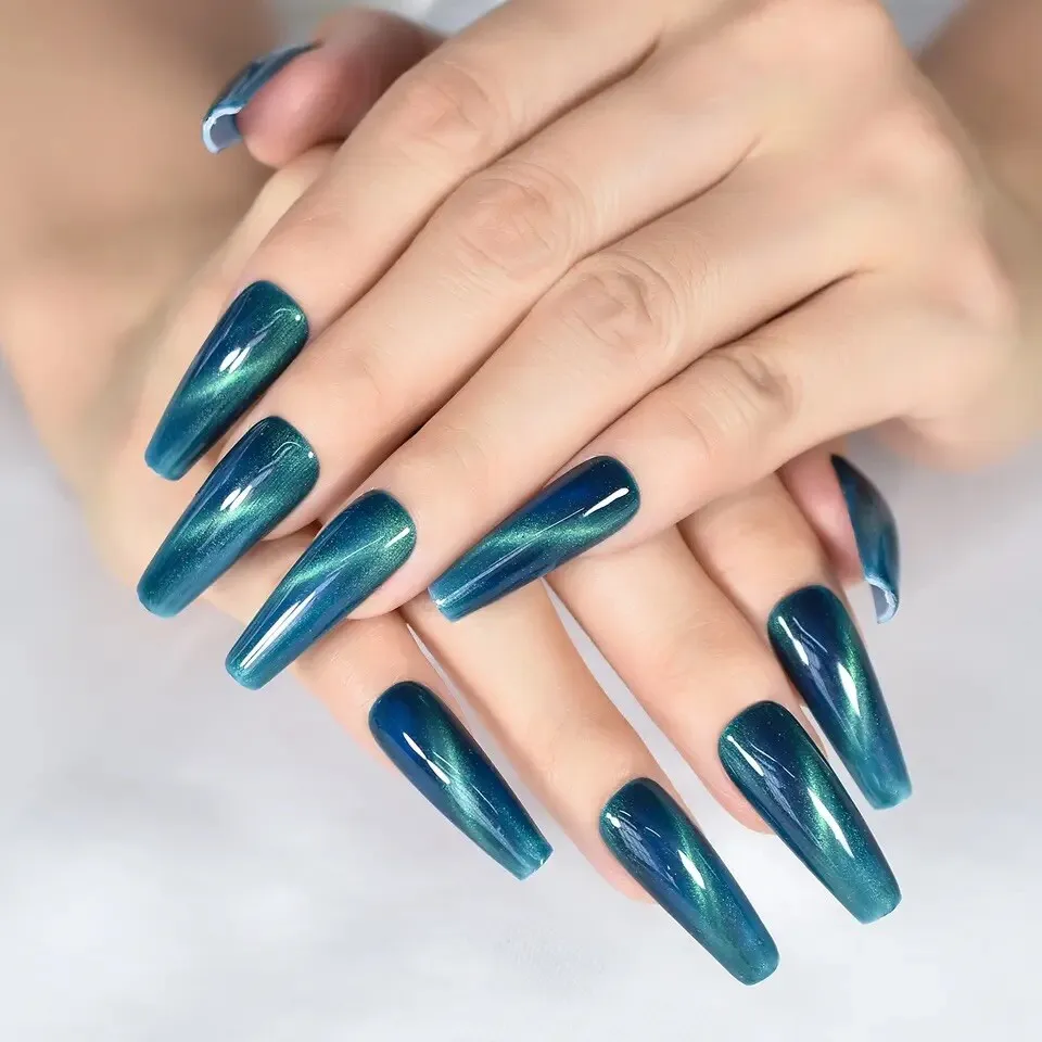 Amazon.com: ELEVENAIL Shiny Glitter Blue Green Press on False Nails Glossy  Short Squoval Salon DIY Manicure Reusable Fake Acrylic Nail Art Tips for  Women Girls with Jelly Adhesive Tabs Nail File :