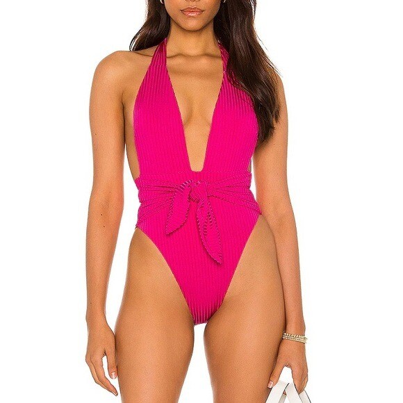 Montce Tropez Hot Pink Wide Rib Tie Up One Piece Swimsuit Size XS