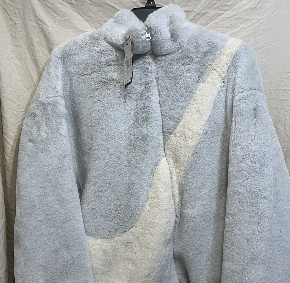 Nike Womens Gray Swoosh Luxe Faux Fur Photon Dust Oversize