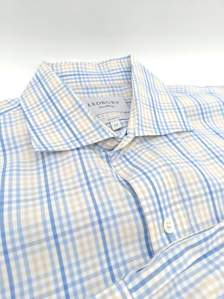 🇺🇲 Ledbury Men's 17x35 Slim Fit Cotton Dress Shirt Blue Cream Check - Image 4 of 4