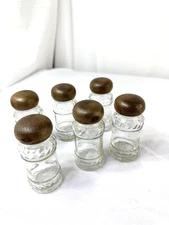 Vtg MCM 6 Clear Glass Spice Jars Faux Wood Lids Screw Tops Taiwan 3.5"x1.5"D FSh