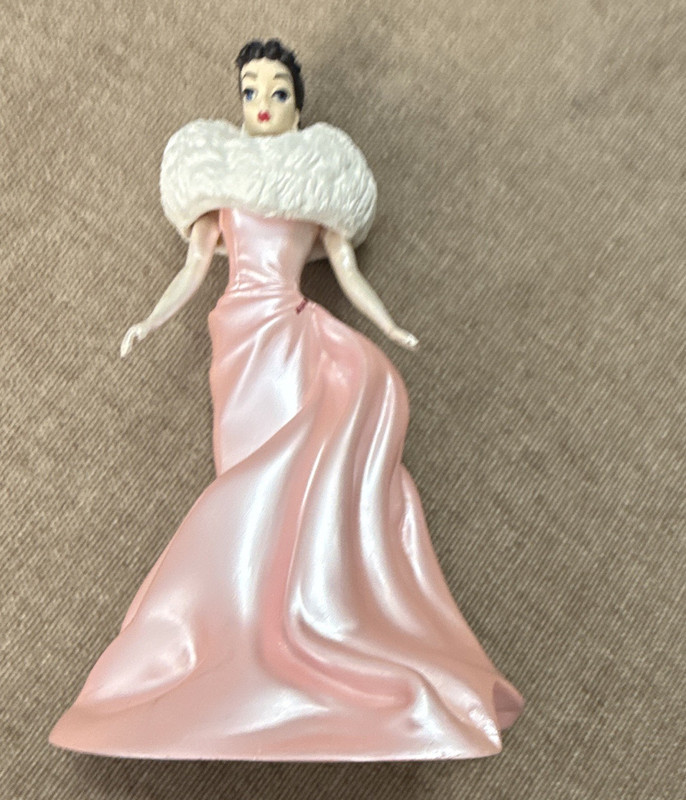 Hand Painted Ceramic Woman Figurine Pink Dress with White Fur Stole