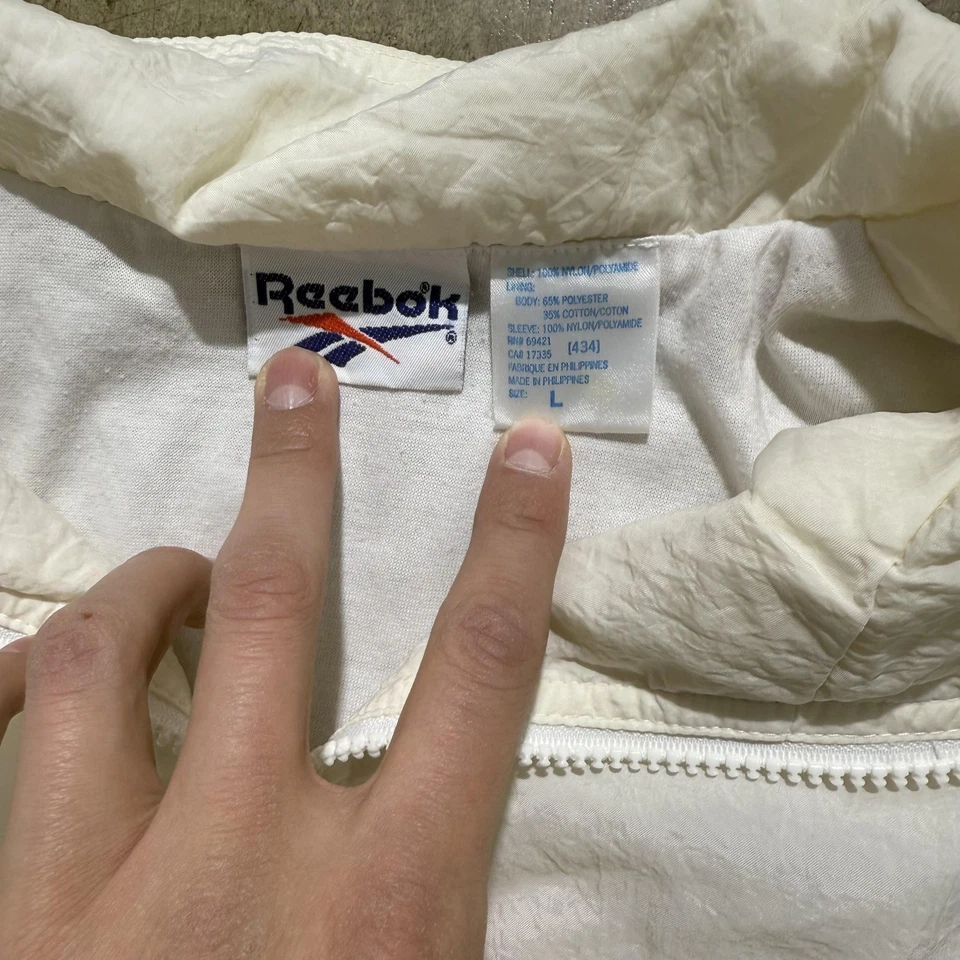 Chaqueta cortavientos vintage Reebok para hombre grande blanca azul marino cremallera completa años 90 retro Foto 4 de 4