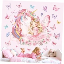 Large Unicorn Wall Stickers Pink Fairy Girl Butterfly Wall Decals Baby