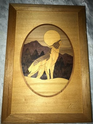 HUDSON RIVER Wood Framed INLAY Full Moon HOWLING Were WOLF Signed NELSON 9¾''x6¾''