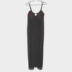 VTG DELICATES Black Lingerie Gown Red Embroidered Hearts Satin Sheer Sz M