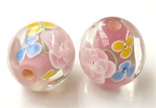 10pcs handmade Lampwork glass beads Pink Blue flower Round Beads 14mm
