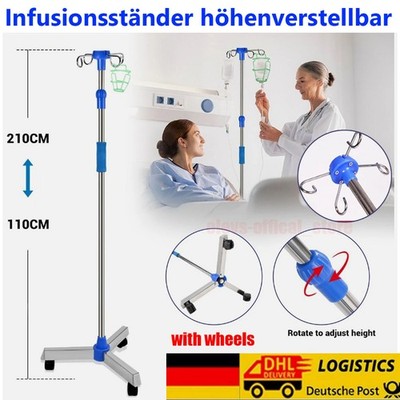 Infusionsständer Edelstahl verchromt, 3 Rollen, Bremse, 4 Haken Höhe verstellbar