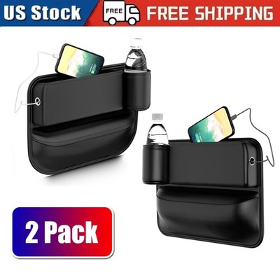 2Pcs Car Side Seat Gap Filler Organizer Set with Phone Holder & Cup Holder Black