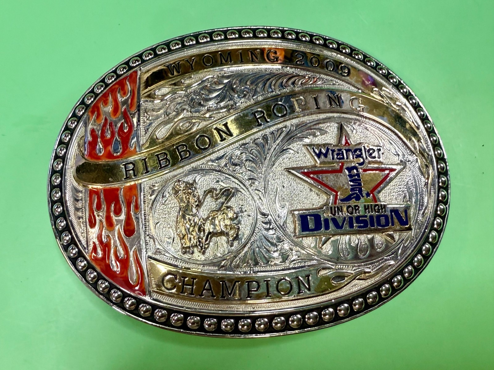 Wyoming JR High 09 Ribbon Roping Champion Wrangler Trophy Award Gist Belt Buckle