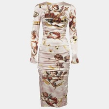 Dolce Gabbana Pink Satin Baroque Cherub print Ruched Midi Dress S