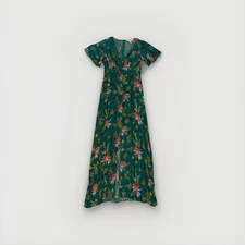 Davi & Dani Dress Teal Sz S Floral Short Sleeve Long w/ Bottons Maxi Style Slit