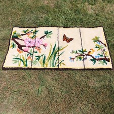 Vintage Hook Latch Shag Rug Botanical Floral Butterfly Bird