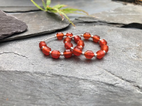 Carnelian Beaded Hoop Earrings. Sterling Silver. Orange Gemstone Hoops. Boho - Picture 2 of 18