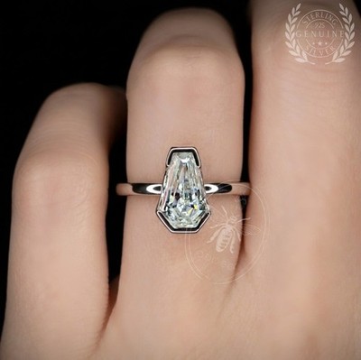 Cert. 2ct Coffin Cut Moissanite Solitaire 925 Sterling USA 2-5 Day w/ Warranty