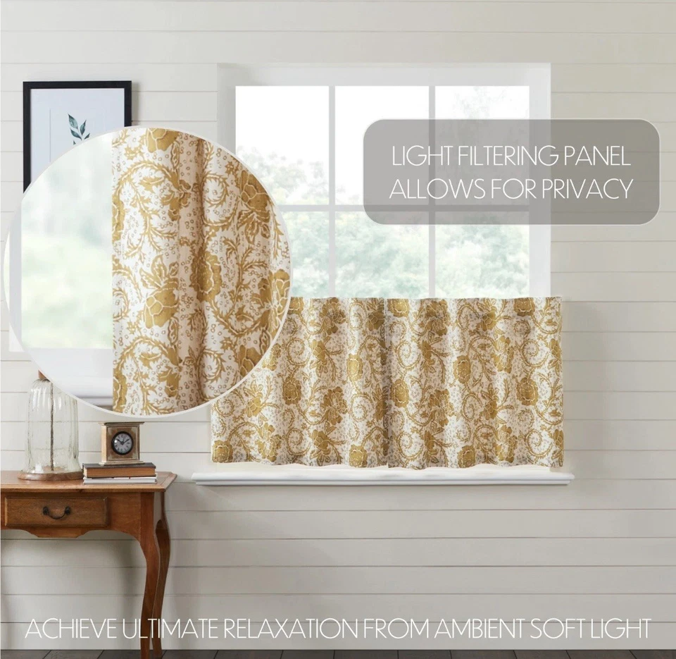 Dorset Gold Floral Tier Set 24"x 36" Country CURTAIN Vintage Elegante Marcas VHC - Imagem 3 de 4