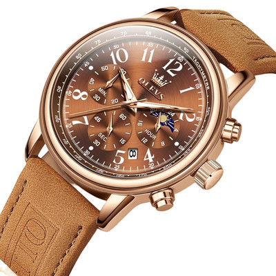 OLEVS Herren Uhr Quarz Chronograph Tag/Nacht Anzeige Leder 43mm Leuchtzeiger