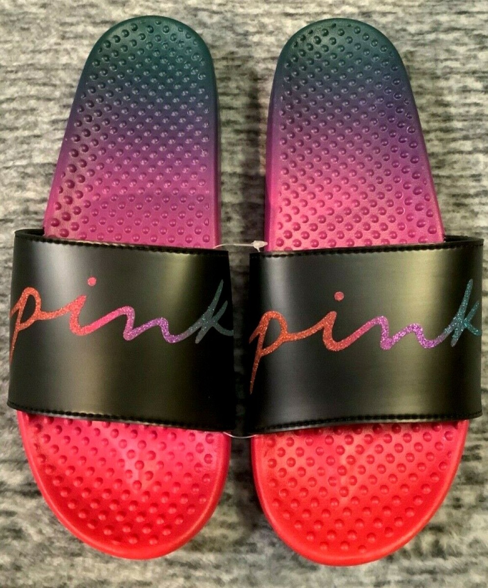 Victoria's Secret Pink Bling Ombre Rainbow Glitter Logo Slides
