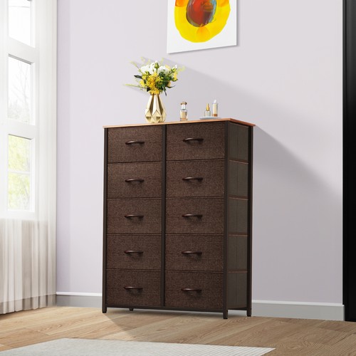 Dresser 10 Drawers Fabric Storage Tower Shelf Organizer Nightstand Wooden Top - Picture 33 of 40