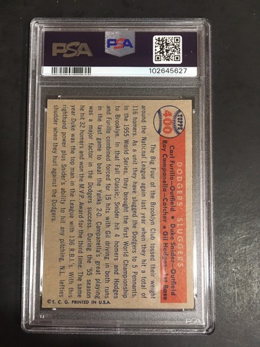 1957 TOPPS DODGERS SLUGGERS, #400, PSA 6 (Free Shipping On Any 3!) - Picture 2 of 2