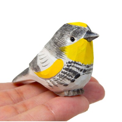 Yellow Rumped Warbler Myrtle Bird Figurine Sculpture Mini Wood Art Statue Decor