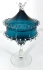 Vintage Murano Italian Art Glass Lidded Peacock Blue Candy Compote Rigaree Edge
