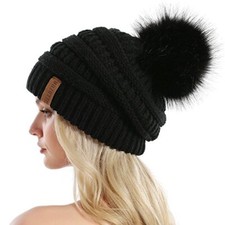 Women Knit Slouchy Beanie Chunky Baggy Hat with Faux Fur Pompom Winter Soft W...