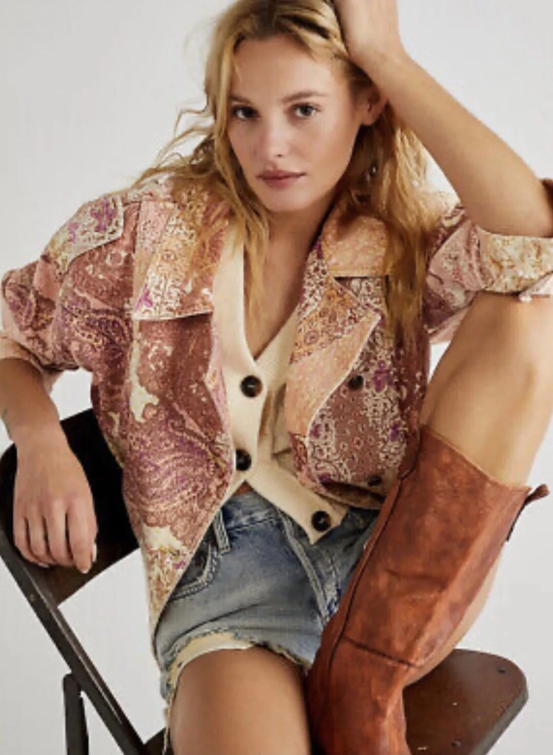Free People Jacket Nadia Moto Cowboy Jacket Sand Combo. Size Medium RRP £228