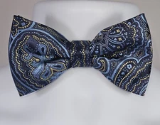 Men's Blue With Gold Accent Floral Paisley Adjustable Wedding Fashion Bow Tie 