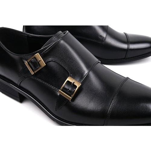 Para hombre Negro Cuero Real Doble Hebilla Monje Correa Puntas Rectas Mocasines - Imagen 8 de 9