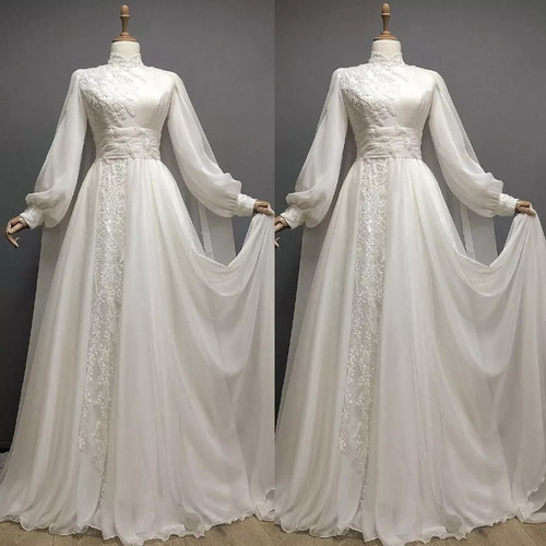 Muslim Wedding Dresses with Cape Long Sleeve High Neck Lace Applique Bridal Gown - Picture 3 of 12