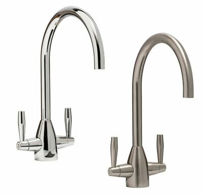 Kitchen Tap Monobloc Round Sink Mixer Twin Lever Handle Waterfall Brushed Steel