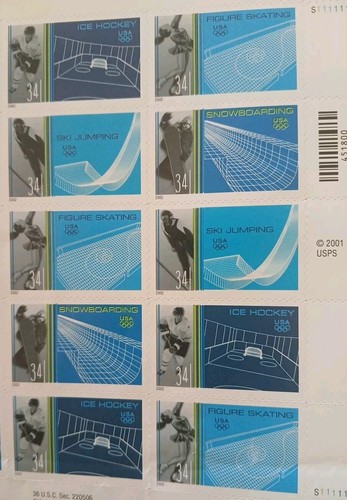 Vtg 2001 WINTER SPORTS Skating Hockey US Postage Stamps Sheet MNH Scott #3552-55 - Picture 6 of 6