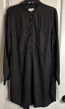 Lou & Grey Black Collarless Shirt Dress Pockets Size Medium Loose Fit Boho