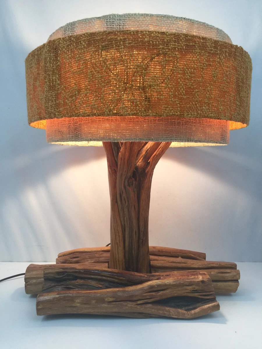 Mid Century Primitive Rustic Woodland Style Table Lamp With Shade